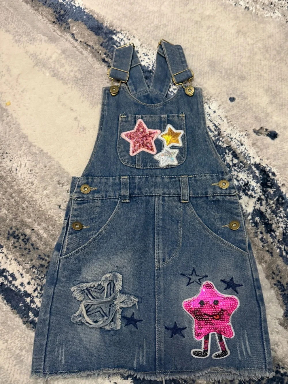 Girls Denim Overall Dress Size 100 Approx 3T-4T Star Patches Distressed